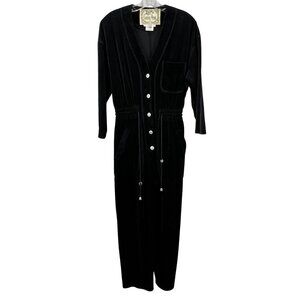 Grand Avenue Velour Jumpsuit Straight Leg Cinched Waist Black Size Small Pockets